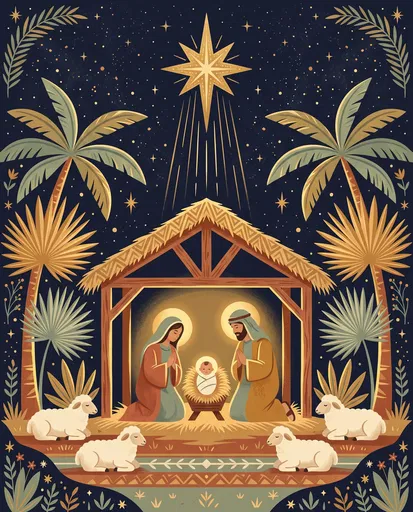 Symmetrical Nativity Scene Flat Illustration