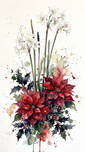 Watercolor Paperwhite Narcissus and Poinsettia Illustration
