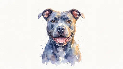 Watercolor Portrait of Smiling Blue Pitbull