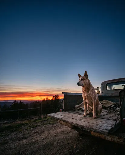 Red Cattle Dog on Truck at Dusk