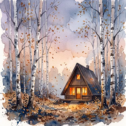 Watercolor A-Frame Cabin in Autumn Birch Forest