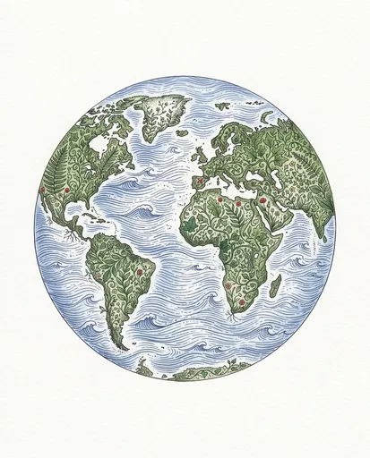 Botanical Earth Illustration with Leaves and Waves