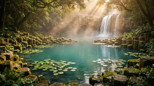 Tranquil Turquoise Lily Pond With Waterfall