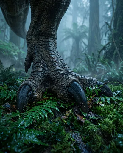Close-Up of Dinosaur Foot in Misty Forest