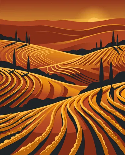 Autumn Vineyard Hills Graphic Illustration