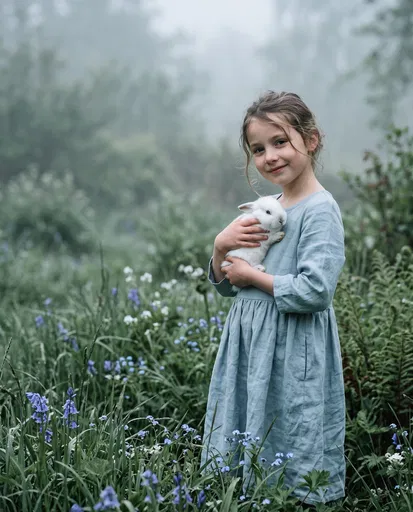 Young Girl Holding White Rabbit in Meadow