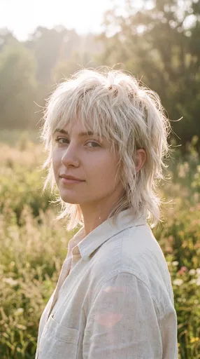 Woman with Blonde Shag Haircut Outdoors