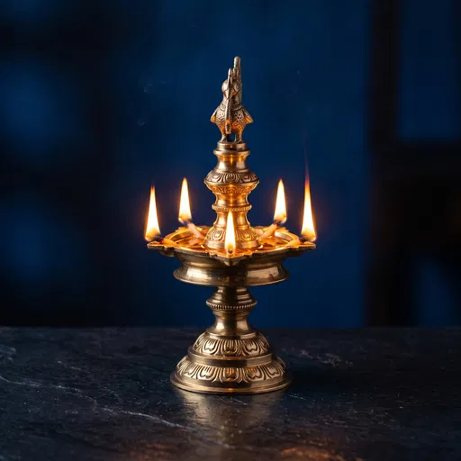 Lit Brass Kuthuvilakku Oil Lamp on Slate