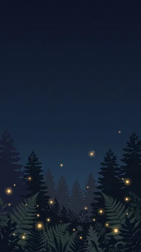 Night Forest Illustration with Glowing Fireflies