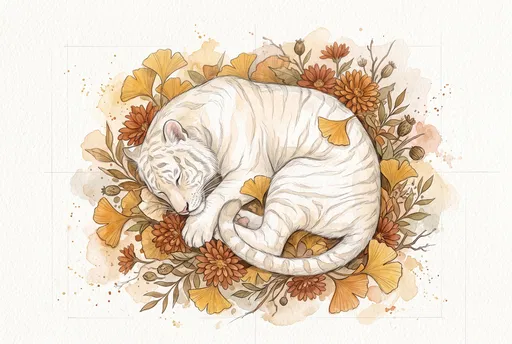Watercolor Sleeping White Tiger in Autumn Foliage