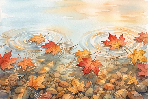 Watercolor Autumn Leaves Floating on Pond