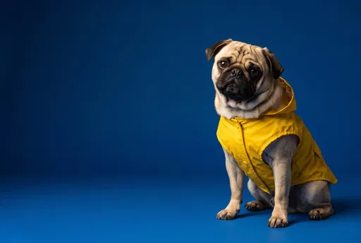 Pug Wearing Yellow Raincoat on Blue Background