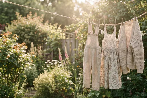 Children's Clothes Hanging in Sunlit Garden