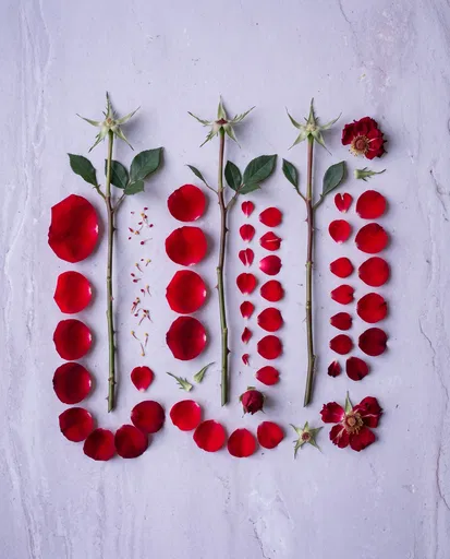 Deconstructed Red Roses Flat Lay on Stone