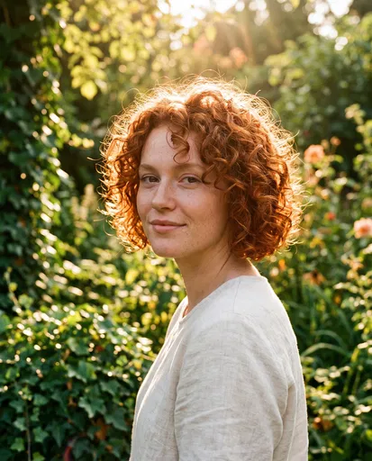 Woman With Curly Red Hair in Garden