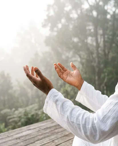 Hands Raised in Misty Forest Meditation