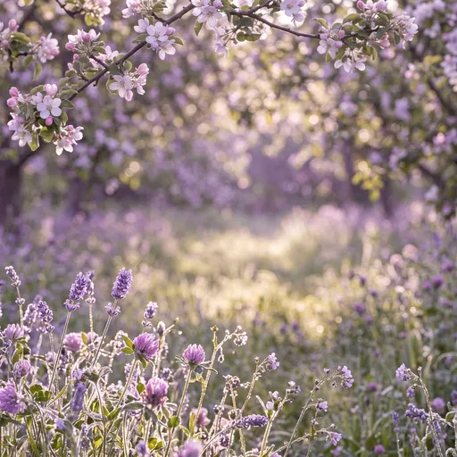 Sunlit Lavender Wildflower Meadow with Blossom Branches