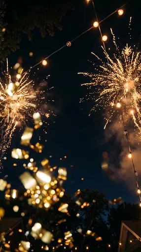 Golden Fireworks and String Lights at Night
