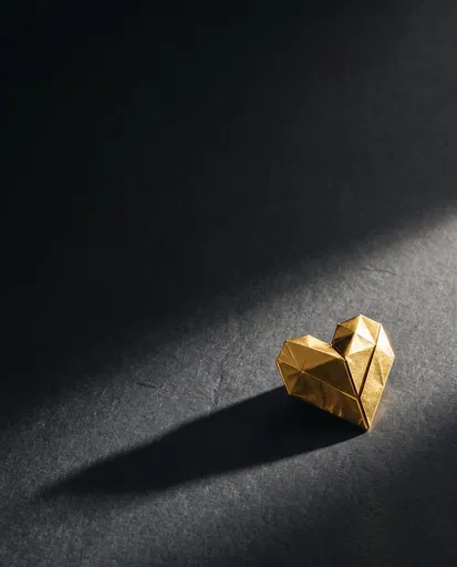 Gold Origami Heart on Dark Surface