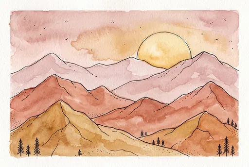 Watercolor and Ink Mountain Sunset Illustration