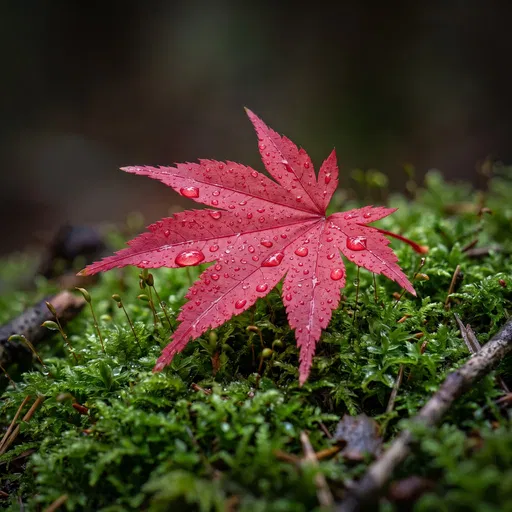 Red Maple Leaf on Wet Moss