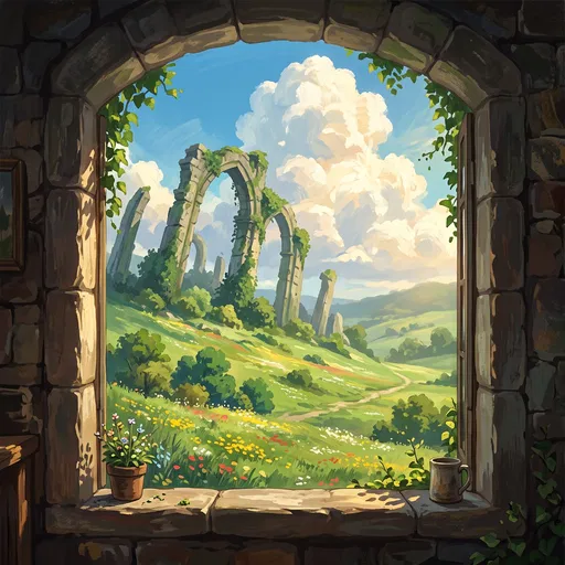 Painterly Window View of Ancient Ruins