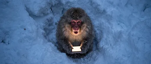 Surprised Snow Monkey Holding Glowing Screen
