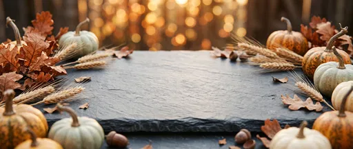Autumn Slate Surface With Pumpkins and Bokeh