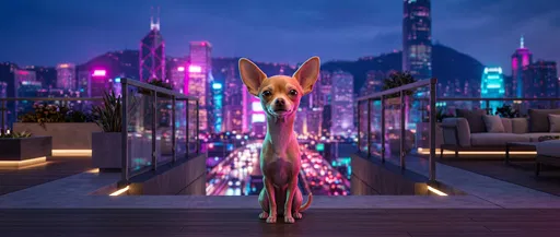 Stylized Chihuahua on Neon Rooftop Terrace