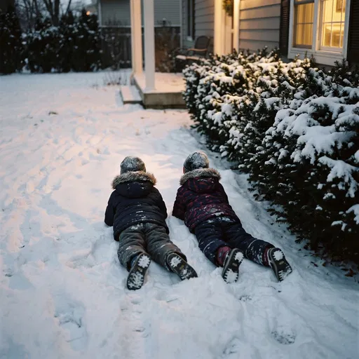 Two Children Lying in Evening Snow