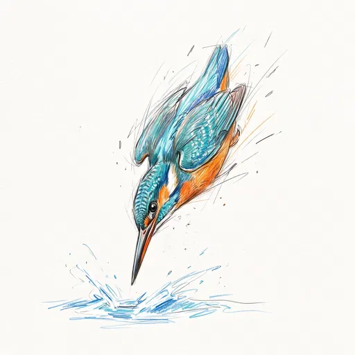 Colored Pencil Sketch of Diving Kingfisher