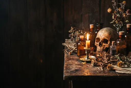 Spooky Skull and Potion Bottles by Candlelight