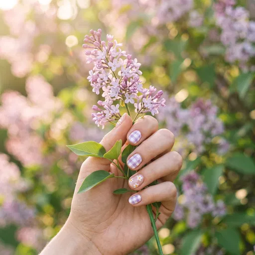 Hand With Purple Gingham Nail Art