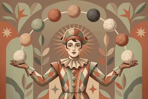 Symmetrical Illustration of Harlequin Juggler Balancing Spheres