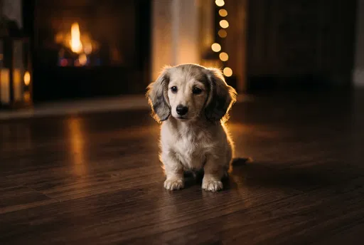 Cream Dachshund Puppy by Warm Fireplace