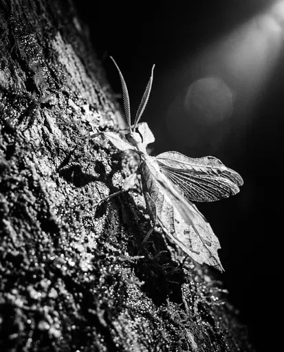 Monochrome Leaf Insect on Wet Bark