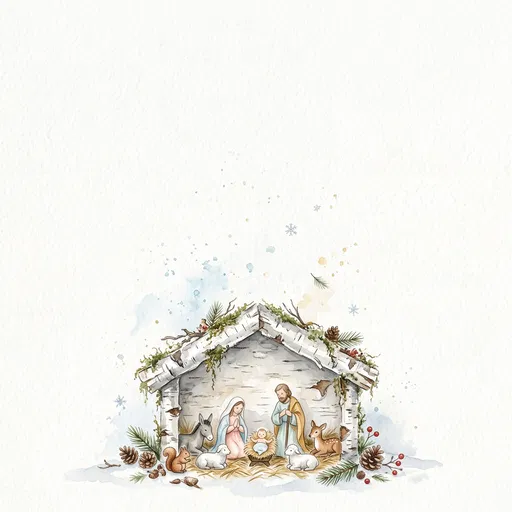 Woodland Watercolor Christmas Nativity Scene