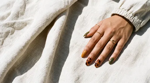 Hand With Earthy Tortoiseshell Manicure on Linen
