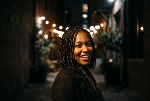 Smiling Woman With Braided Bob at Night