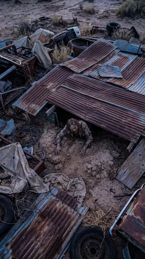 Zombie Crawling From Desert Scrapyard Shelter