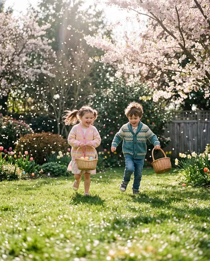 Children Running During Garden Easter Egg Hunt