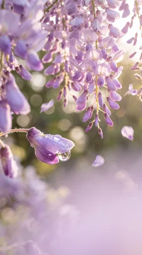 Backlit Lavender Wisteria With Morning Dewdrop