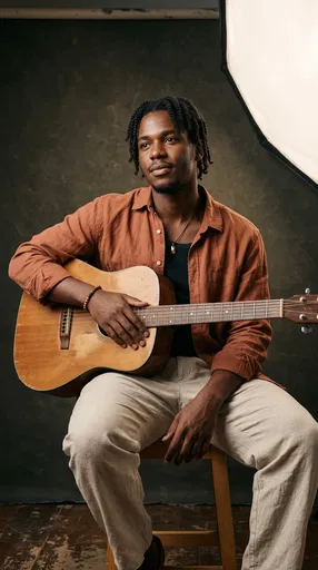Young Musician Holding Acoustic Guitar in Studio