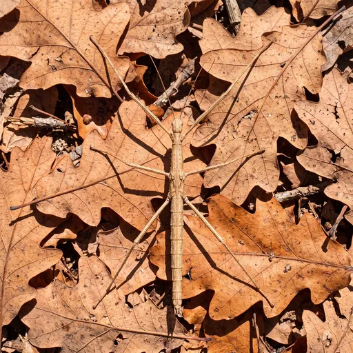 Stick Insect Camouflaged on Dry Oak Leaves