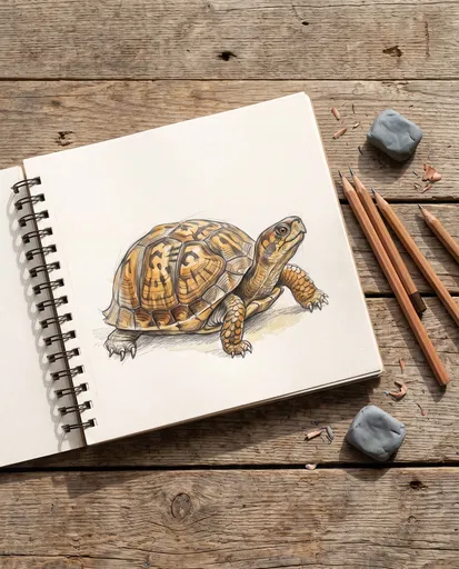 Sketchbook With Box Turtle Drawing on Wood