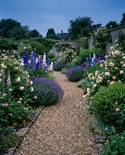 Twilight English Cottage Garden Gravel Pathway