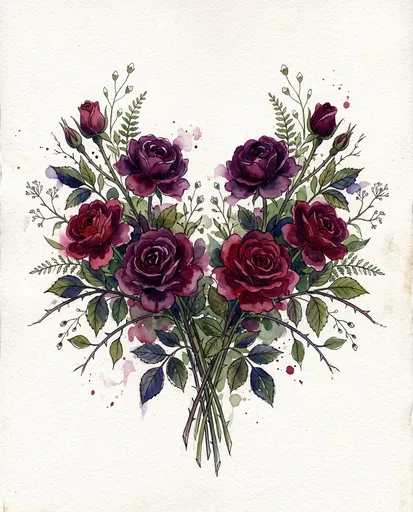 Symmetrical Dark Rose Watercolor Bouquet Illustration
