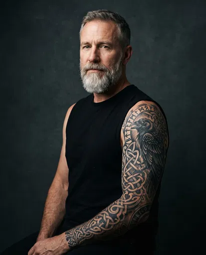 Bearded Man With Norse Raven Sleeve Tattoo