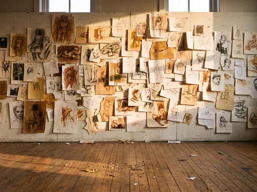 Sunlit Studio Wall With Pinned Sketches