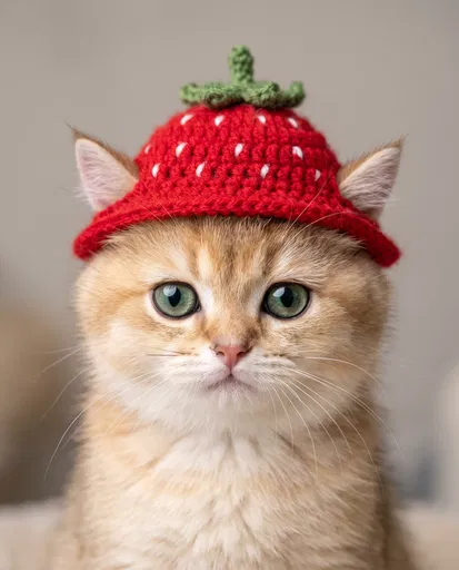 Kitten in Crochet Strawberry Hat